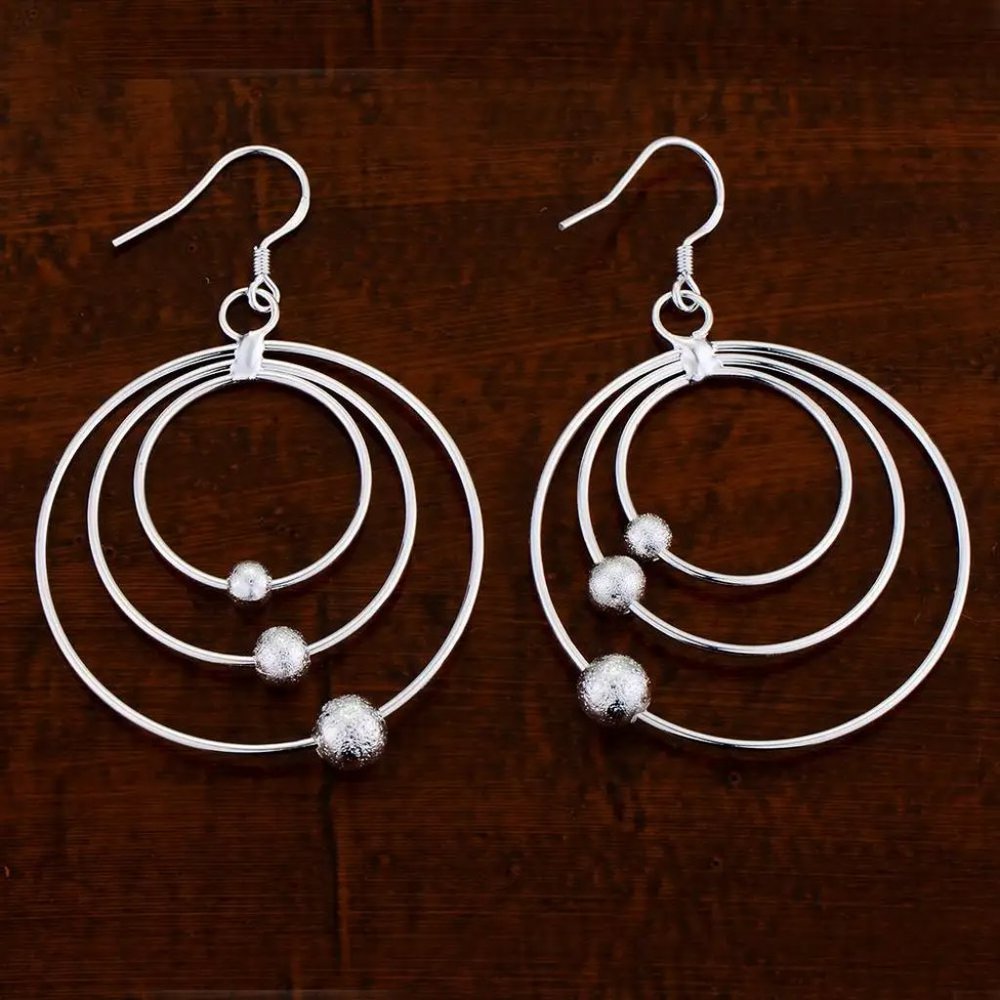 Gorgeous 3 Circles with Beads Hanging Earrings, Sterling Silver "Hypoallergenic" - Picture 4 of 8